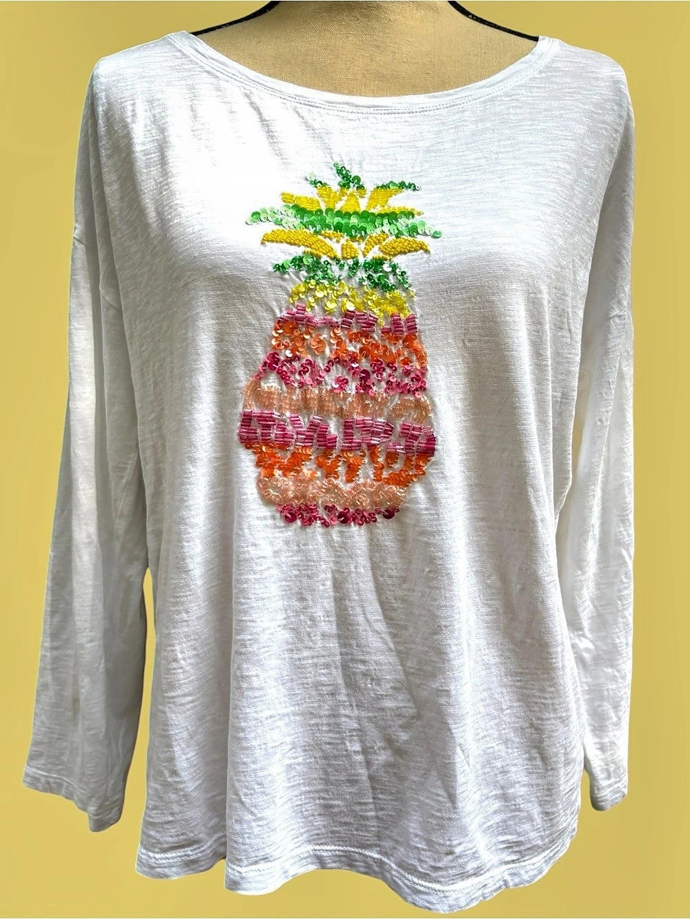 Talbots Sequin Beaded Pineapple Long Sleeve Tee White Large Petite EUC!